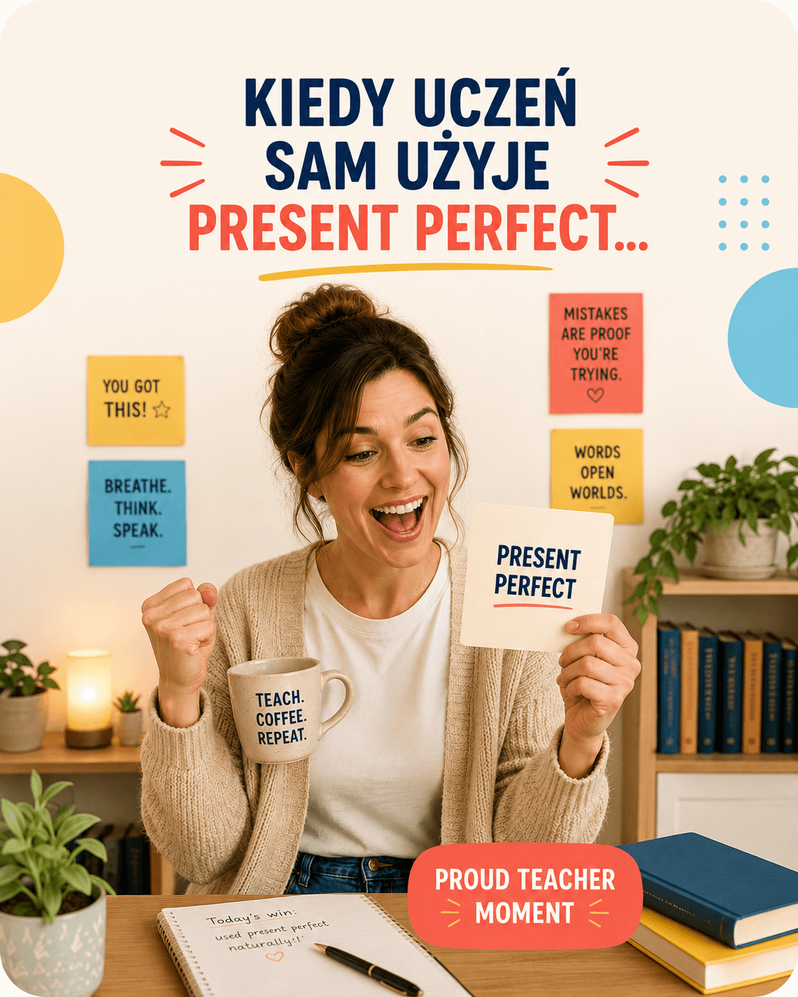 Mem edukacyjny: nauczycielka celebruje samodzielne użycie Present Perfect przez ucznia